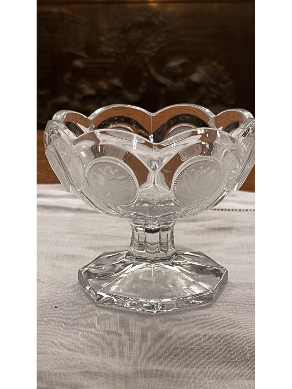 Fostoria Coin Glass Compote Clear 4” High Scalloped Edge Dish Jam Jelly Candy